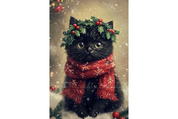 Christmas Black Cat with Red Scarf Art for Illustrations