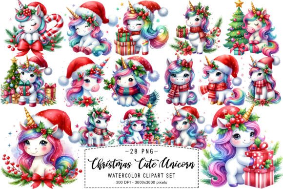 Christmas Cute Unicorn Clipart PNG: Festive Illustrations for Crafters