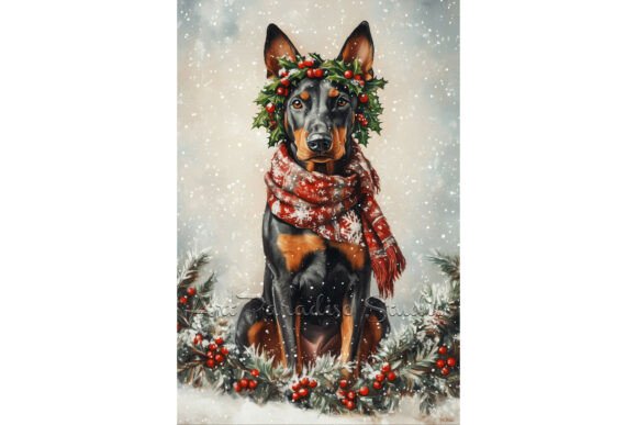 Christmas Doberman Dog Winter Holly Art
