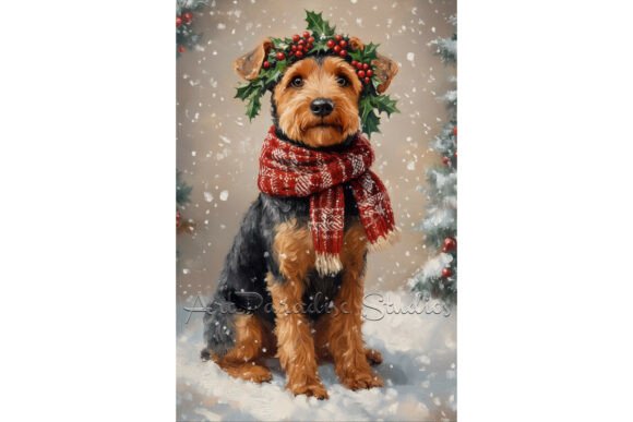 Christmas Holly Airedale Terrier Dog Art Review
