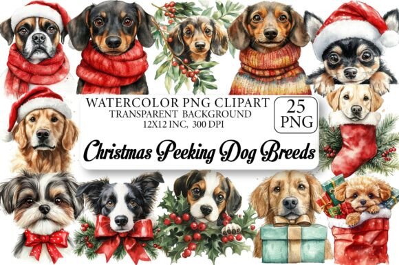 Christmas Peeking Dog Breeds Clipart for Brand Illustrations