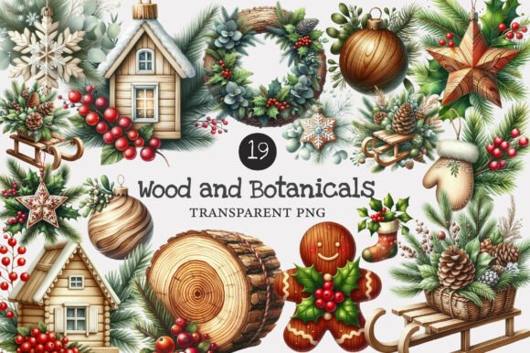 Christmas Wood and Botanicals Clipart for Brand Identity