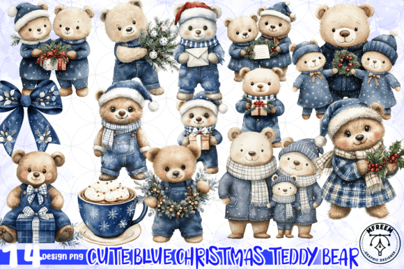 Cute Blue Christmas Teddy Bear PNG Illustrations