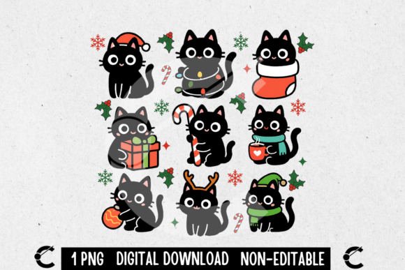Cute Christmas Black Cats Merry Catmas Illustrations