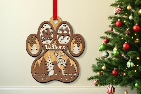Laser Cut Christmas Dog Paw Ornaments in Winter Amp