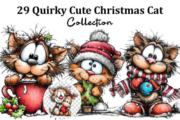 Quirky Cute Cartoon Christmas Cat Clipar Illustrations Review