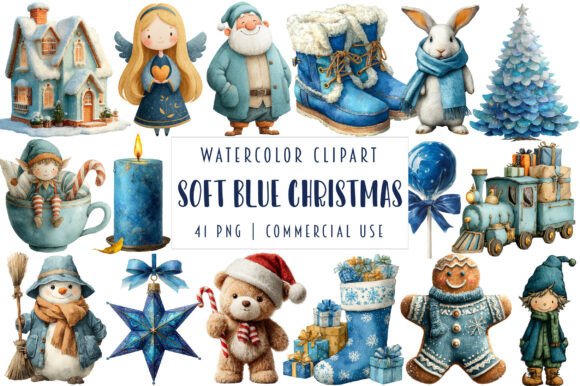 Watercolor Soft Blue Christmas Clipart for Illustrations