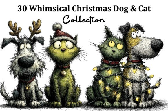 Whimsical Christmas Dog Cat Clipart for Illustrations
